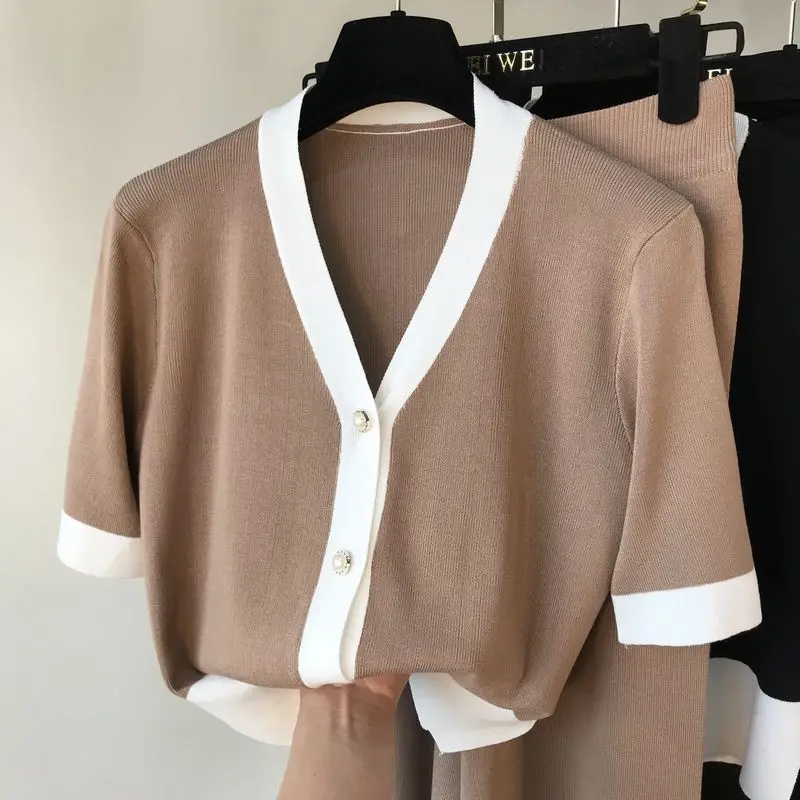 Женский эластичный вязаный комплект из 2 предметов однобортный Кардиган в