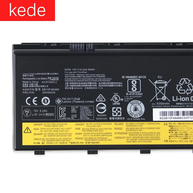 Kede Аккумулятор для ноутбука Lenovo ThinkPad P70 P71 P72 серии SB10F46468 00HW030 78 + 15В 96Wh