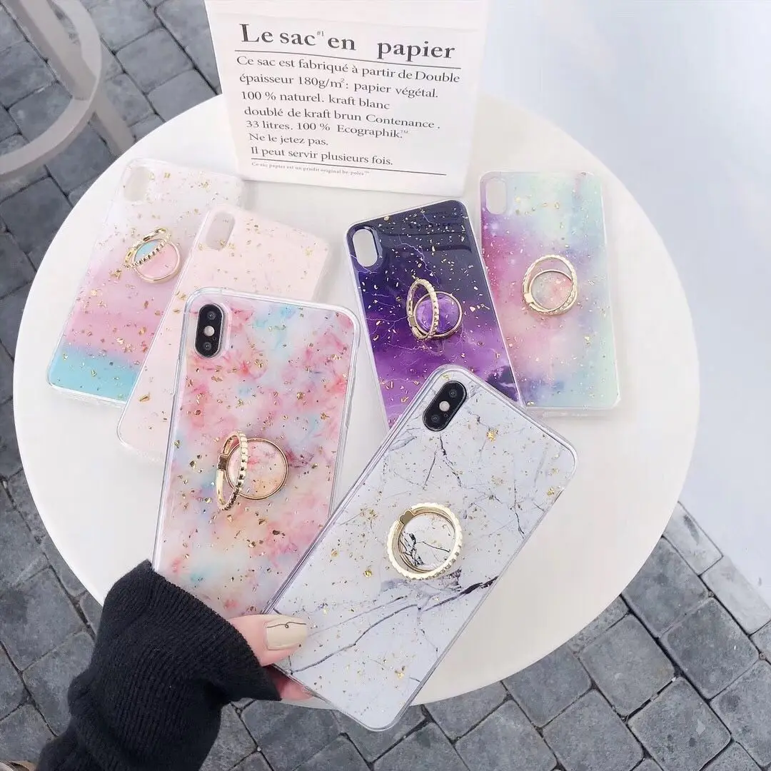 Gold Foil Bling Marble Phone Case for iPhone XR For XS 6s 7 8 Plus MAX with ring holder |