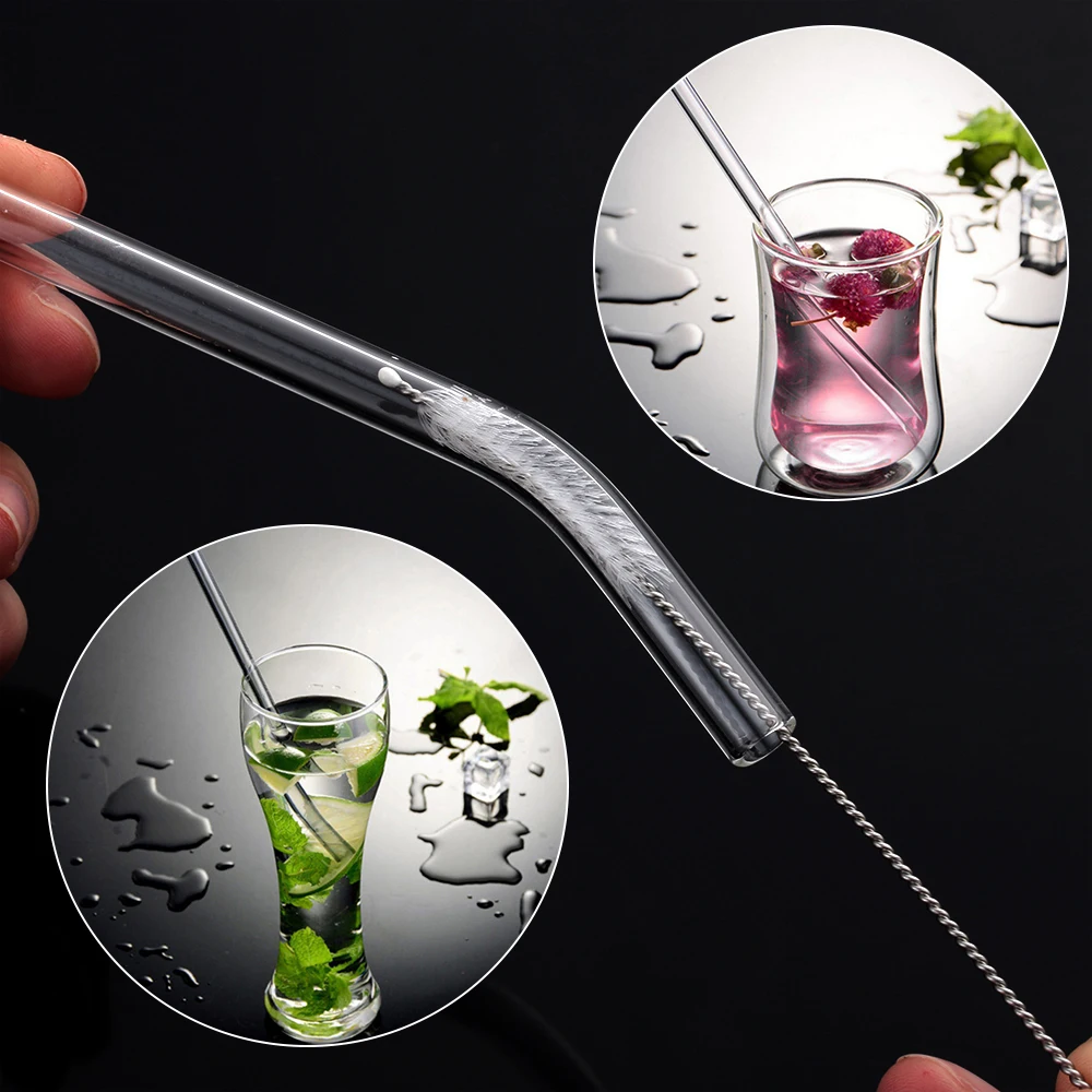 6Pcs/Set Reusable Transparent Glass Straight Bent Straws Clean Brush Plastic Box Kitchen Bar Drinking |