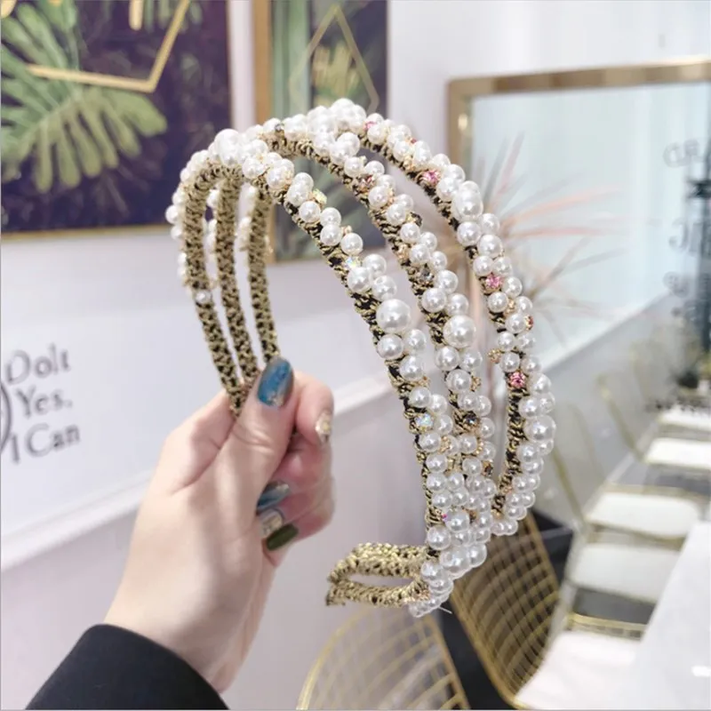 

High-end luxury hair accessories women's pearls wrapped gilded shiny thin side headband headband fashion girl hair band Headwear