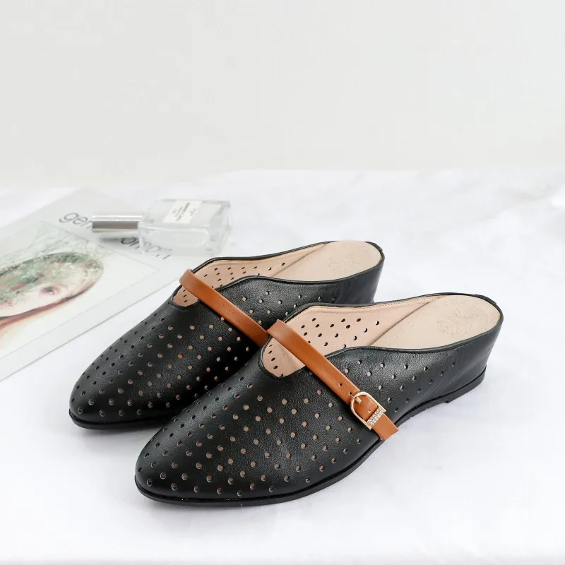 

2019 Pointed Hollow Cowhide Summer Leather Slippers Fashion Sandals Flat Increase Within Wedge Sandals Women Sandals Plus Size