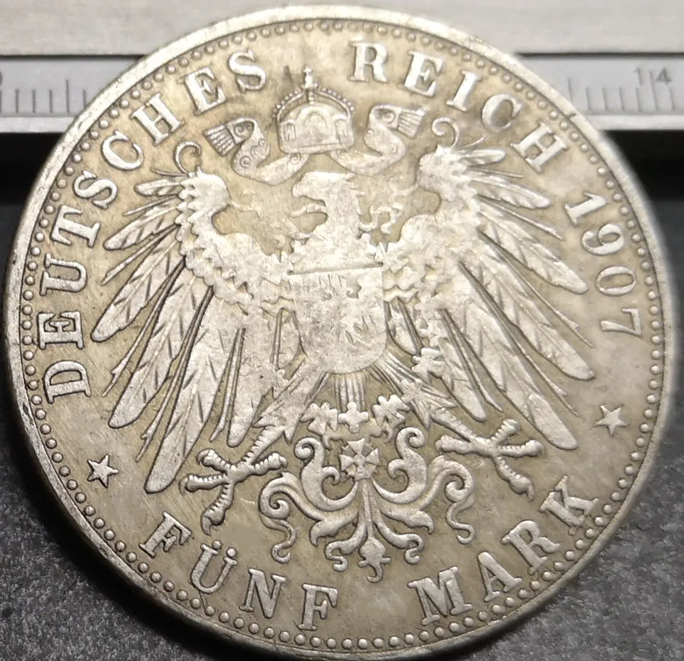 1907-E Королевство Саксония 5 Марк-Фридрих Август III Посеребренная копия редкая