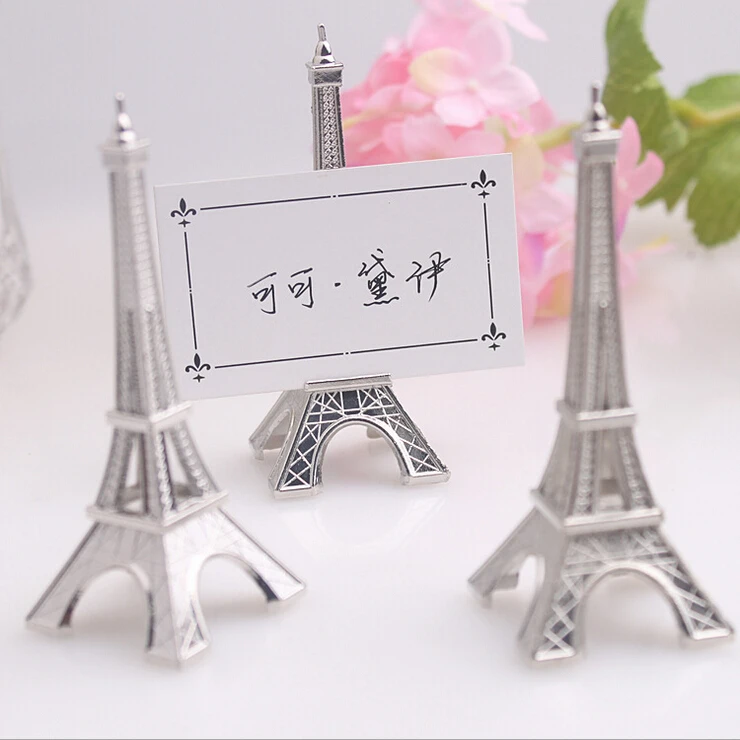 

(100PCS/LOT) "Evening in Paris" Eiffel Tower Silver-Finish Place Card Holder Wedding favors(with matching card) Free shipping