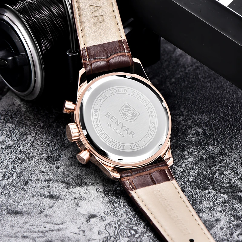

BENYAR 2019 New Men's Watches Business Watch Men Leather Chronograph Military Waterproof Quartz Wristwatches Relogio Masculino