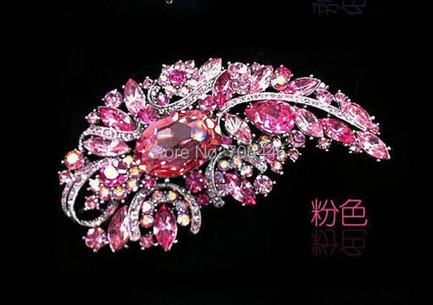 

4.9" Huge Size Elegant Silver Plated Vintage Pink Rhinestone Crystal Diamante Large Gift Brooch