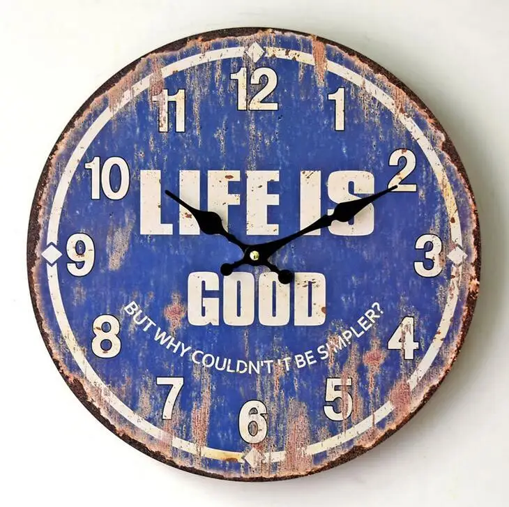 Винтаж старый синий Жизнь хороша настенные часы Европа Mondern Дизайн деревянные