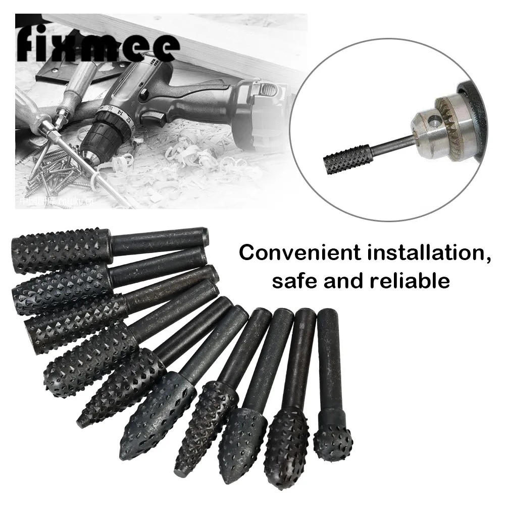 

10pcs Rotary Burr Set Wood Carving File Rasp Drill Bits 1/4 inch 6mm Shank Tool