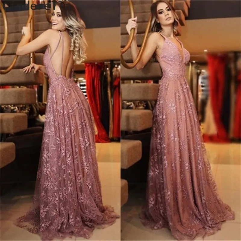 

Cinderella Pink V-Neck Spaghetti Straps Lace Applique Backless Evening Dresses Floor Length Open Back Lace Prom Evening Dresses
