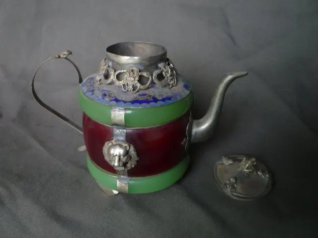 Коллекция старой династии Цин серебряный и нефритовый чайник Флагон с отметкой