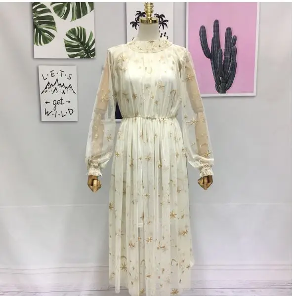 Женское Сетчатое платье золотистого цвета с вышивкой Луна синее Прозрачное