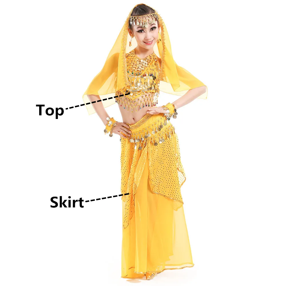 Yellow 2pcs Костюмы для танца живота для детей, девочек, детская юбка для танца живота, Болливуд, танцевальное платье, для выступлений, соревнований, индийский комплект одежды - Цвет: Yellow 2pcs