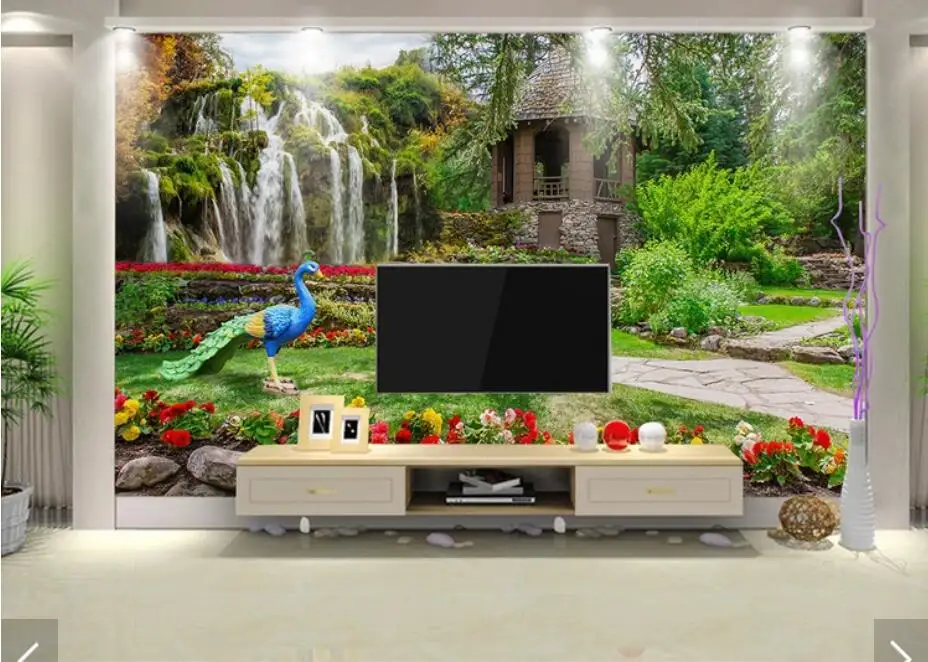 3 d зеленая природа Павлин водопад настенные бумажные фрески для гостиной садовая
