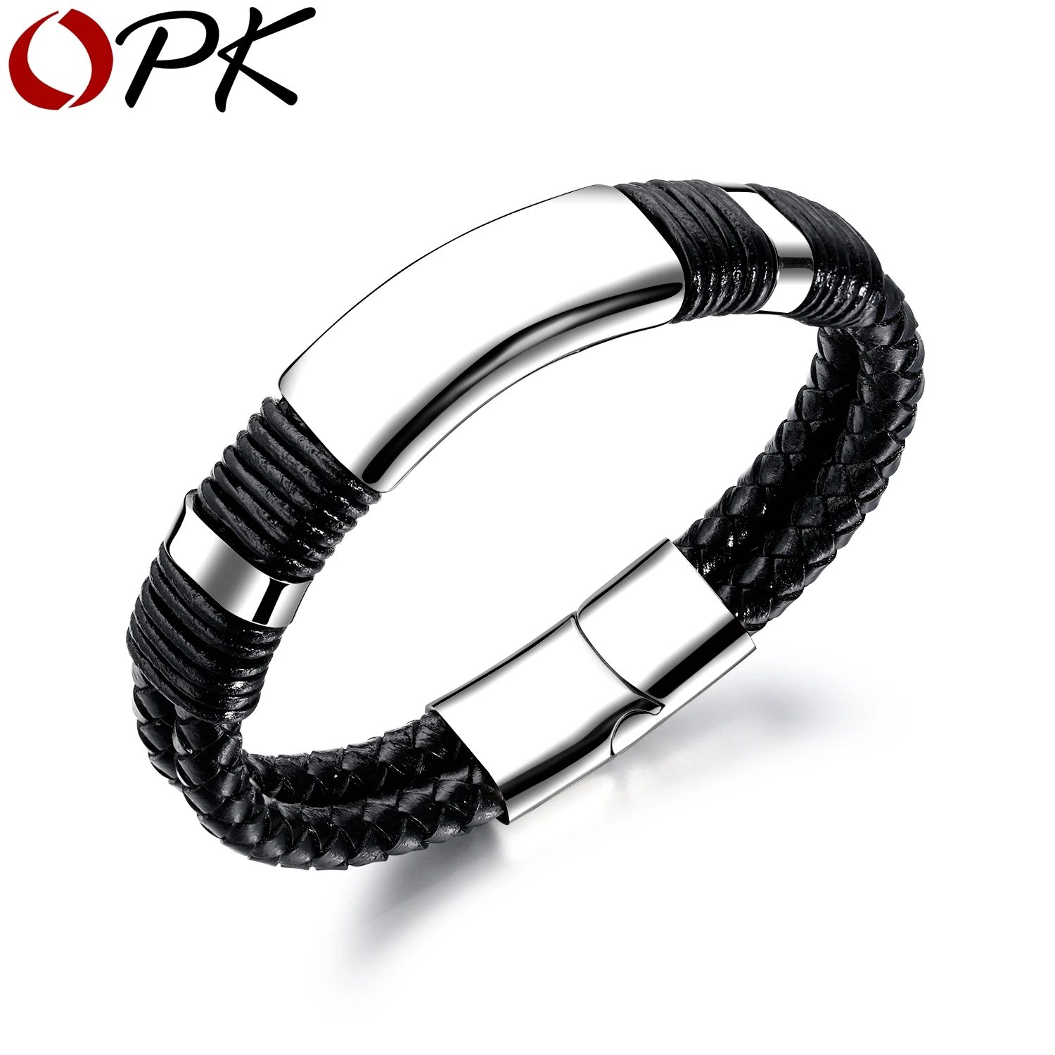 OPK Top Quality Black Leather Bracelet Men 14.5MM Wide Sloppy Braided Weaved Charms Custimized Engraving Jewelry PH1254 | Украшения и