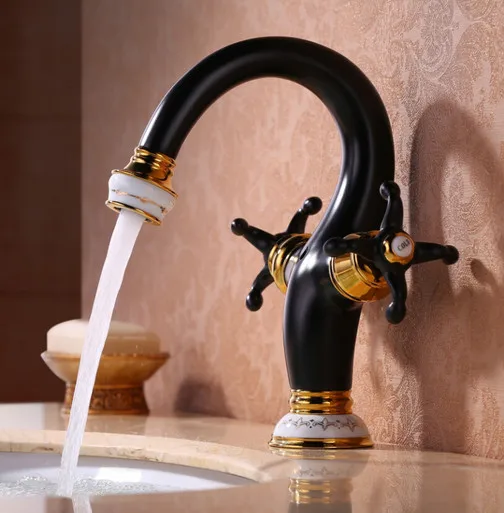 Европейский античный позолоченный двойной керамический смеситель для раковины