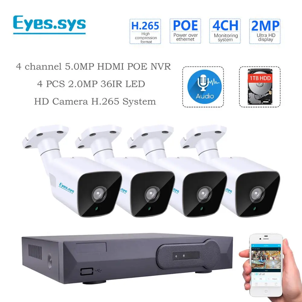 Глаза. sys аудио H.265 POE CCTV системы 4CH 5MP HDMI NVR и HD IR 2.0MP 1920*1080P камера система наблюдения