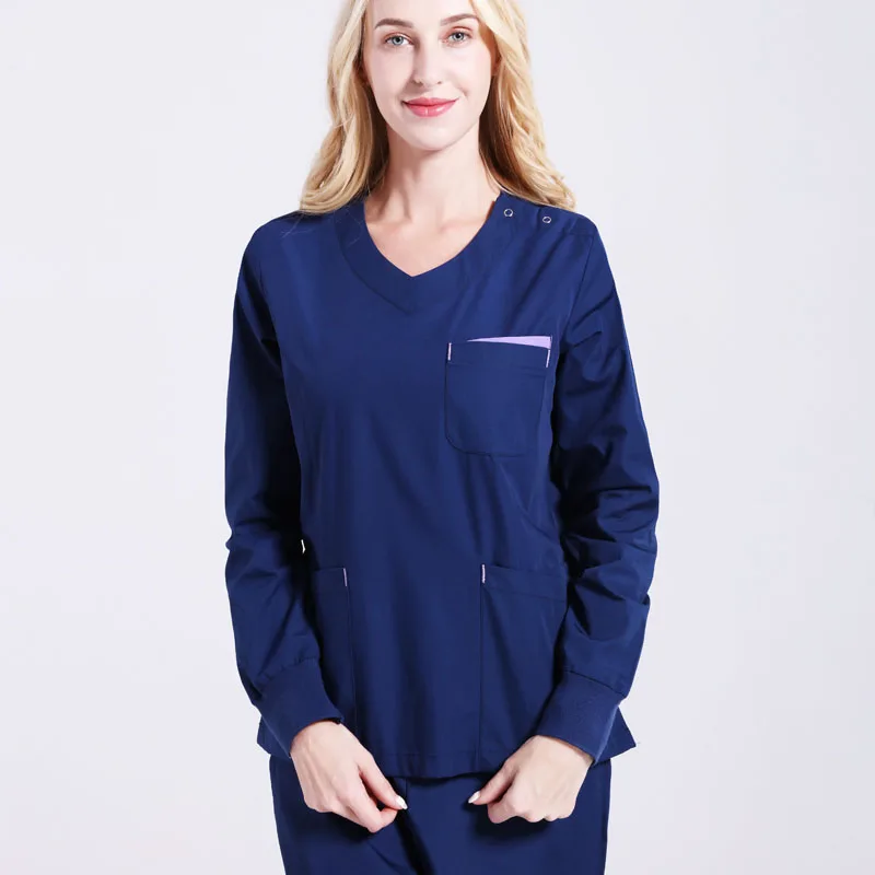 Women Scrub Set Navy 4 цвета, женская и Мужская медицинская одежда с длинным рукавом, костюм медсестры для кормления, Униформа, рабочая одежда, костюм для стоматолога, рабочая одежда - Цвет: Women Scrub Set Navy