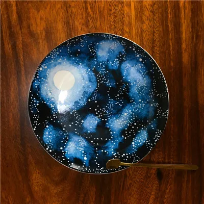 Черный Blue Sky Star обеденные тарелки, тарелка, керамические блюда, подарок с узором ночного неба, набор обеденных тарелок, фарфоровые десертные закуски, торты - Цвет: Черный