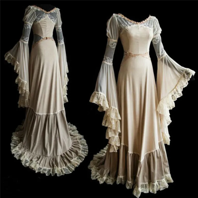 Женское винтажное сценическое платье с расклешенными рукавами Vestidos со шлейфом