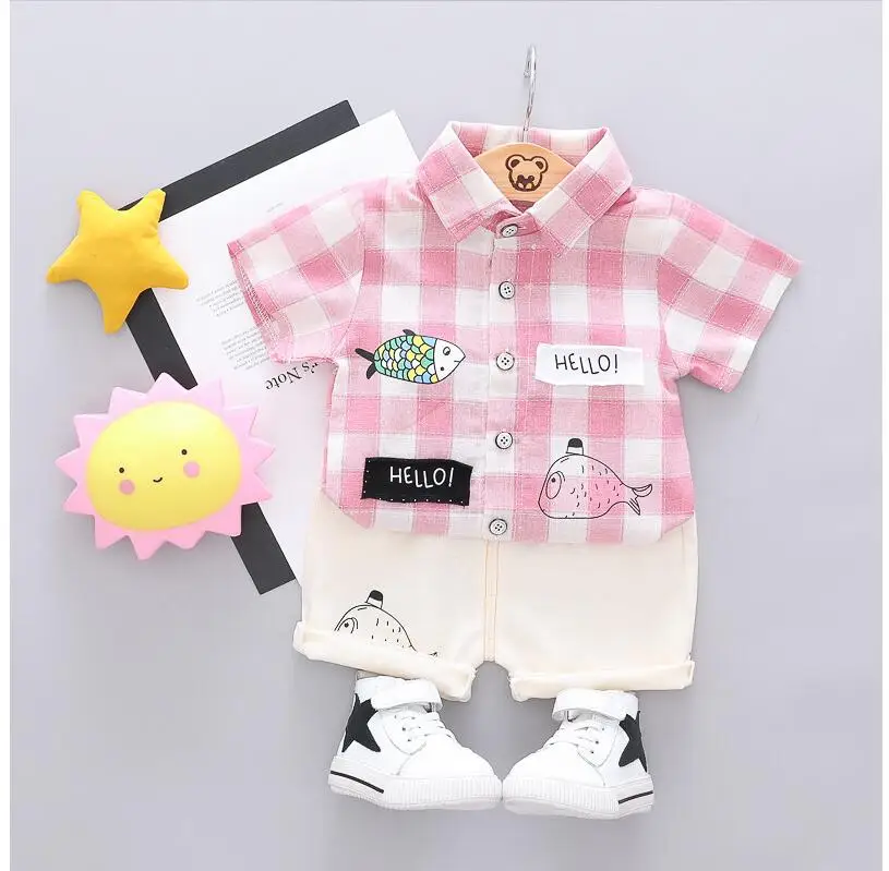 2019 Summer Baby Boy Clothing Sets Infant Toddler Clothes Suits Plaid Fish T Shirt Shorts Kids Children Costume |