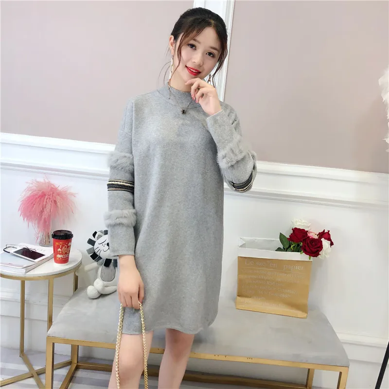 Mid-length Pullover Sweater Women's 2020 Autumn Winter Pearl Loose Dress Rabbit Fur Long-sleeved | Женская одежда