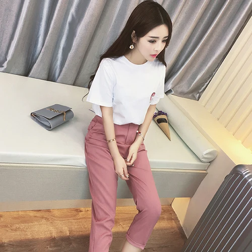 Женский Повседневный костюм-двойка белый пуловер с коротким рукавом и брюки до