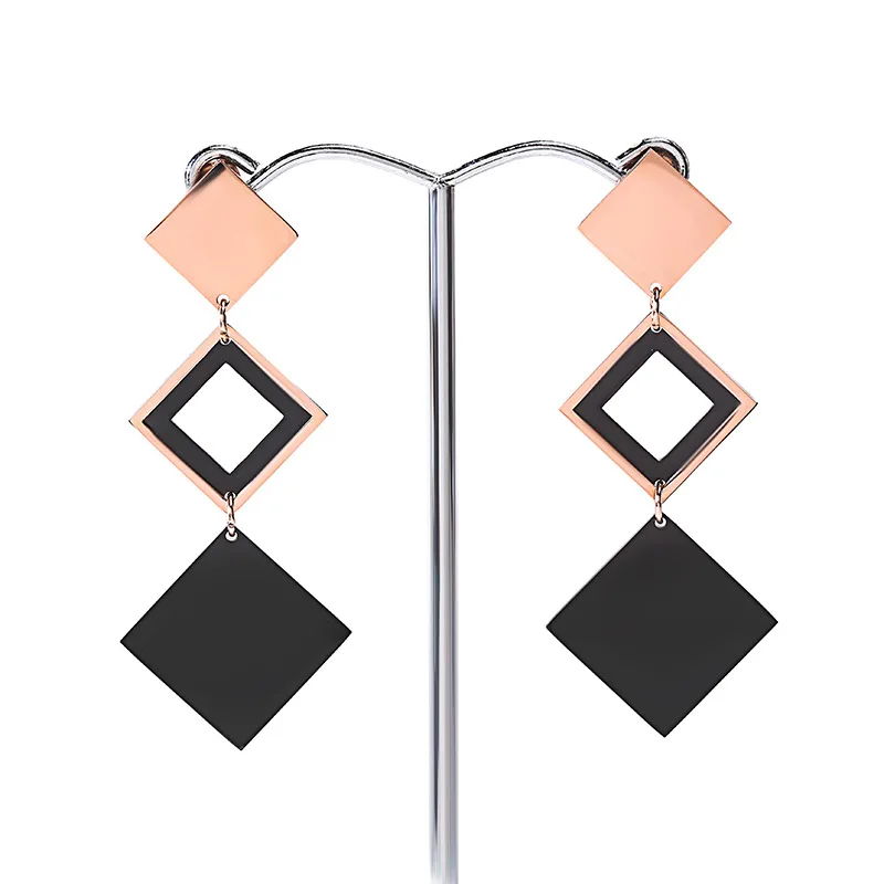 Luxury Stainless Steel Earrings Rose Gold Black Color Jewelry Fashion Female Bricons Wedding Long Big Drop For Women | Украшения и