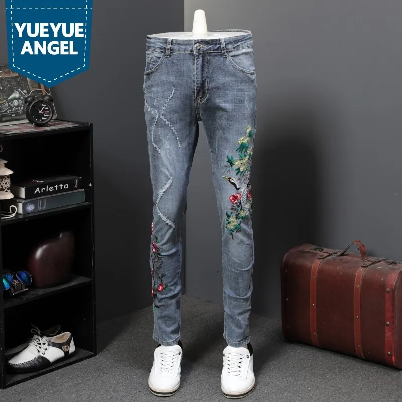 

Punk Style Mens Ripped Embroidery Stretchy Denim Pants Full Length Fashion Casual Slim Fit Straight Pencil Trousers Plus Size