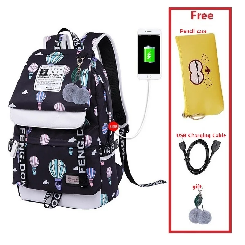 set 18 Новинка, рюкзак для ноутбука для девочек, USB, водонепроницаемый, школьная сумка, высокое качество, для студентов колледжа, брезентовый Рюкзак, escolar, аниме, с рюшами - Цвет: set 18