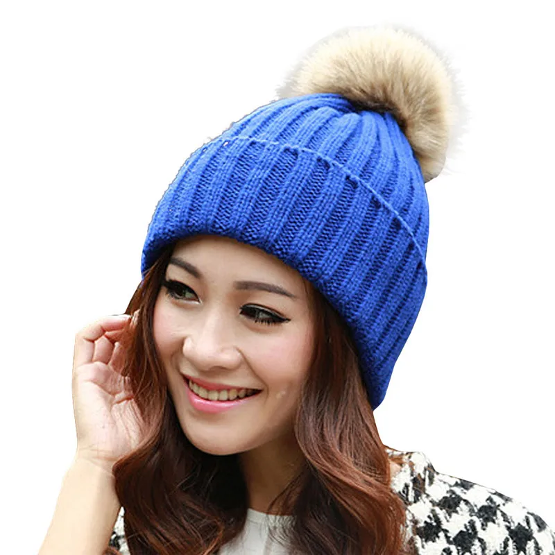 Blue Шапки шляпа женский pom beanie женщин Шапки капот skullies и шапочки помпон однотонные зимние теплые шляпа женский шерсть помпонами Кепки JN3B - Цвет: Blue