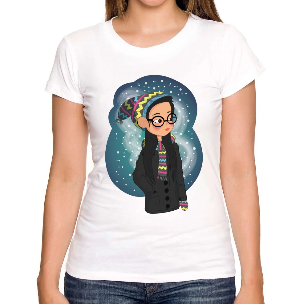 2018 новейшая мода зимний день дизайн женская футболка стеклянная девушка