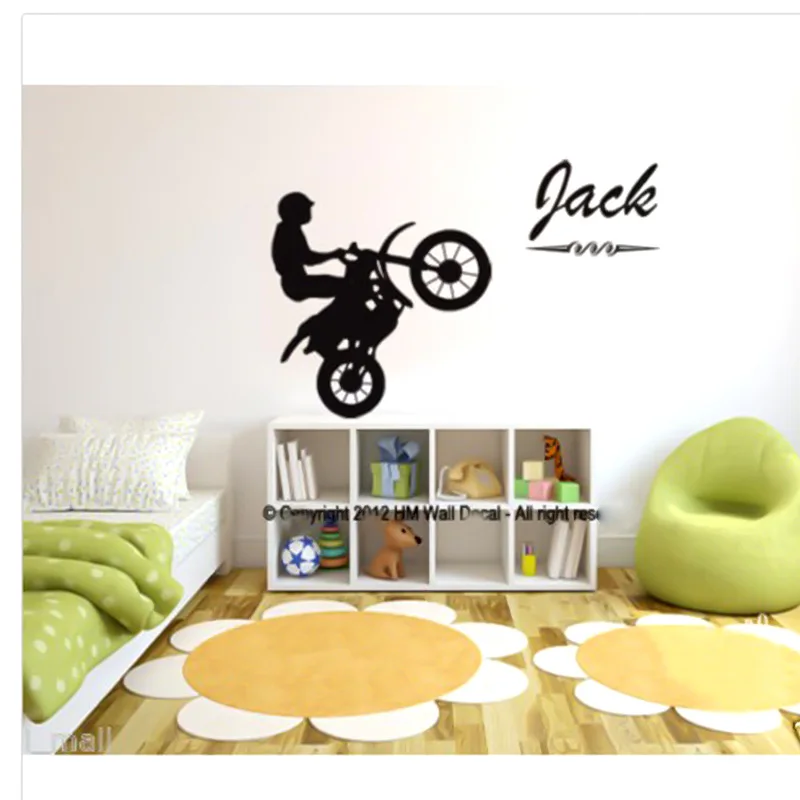 

Customise your kids name with a boy riding dirt bike removable wall sticker for bedroom wall decal