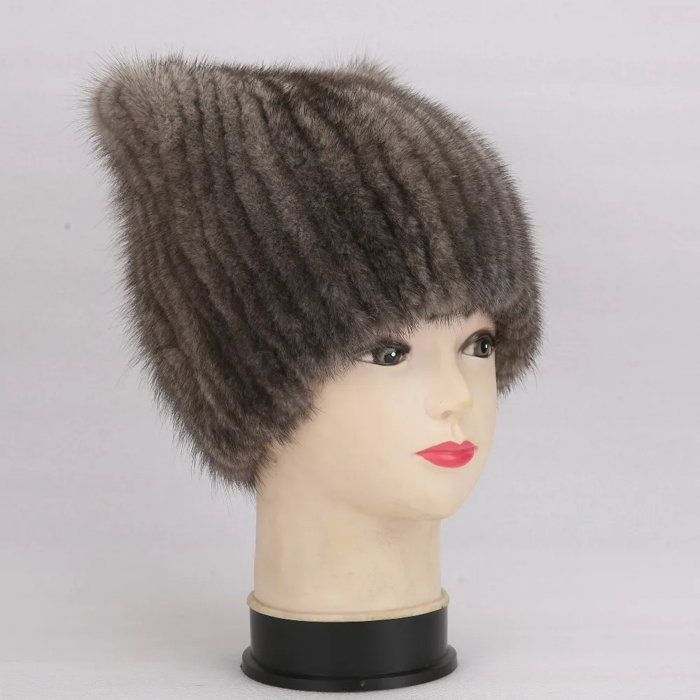 Winter Real Natural Color Mink Fur Cute Cat Ears Simple Square Cap Warm Winter For Women Vertical Weaving Winter Hat