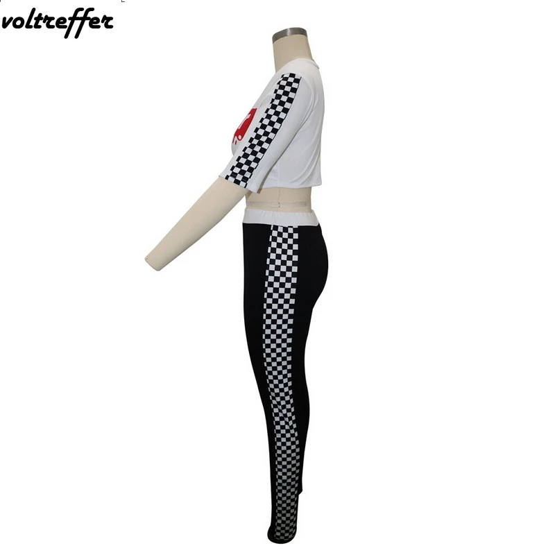2018 Summer White Letter Print Crop Top Black Plaid Side Long Pants Two Piece Set Women's Sexy Casual Outfits Sweatsuit | Женская