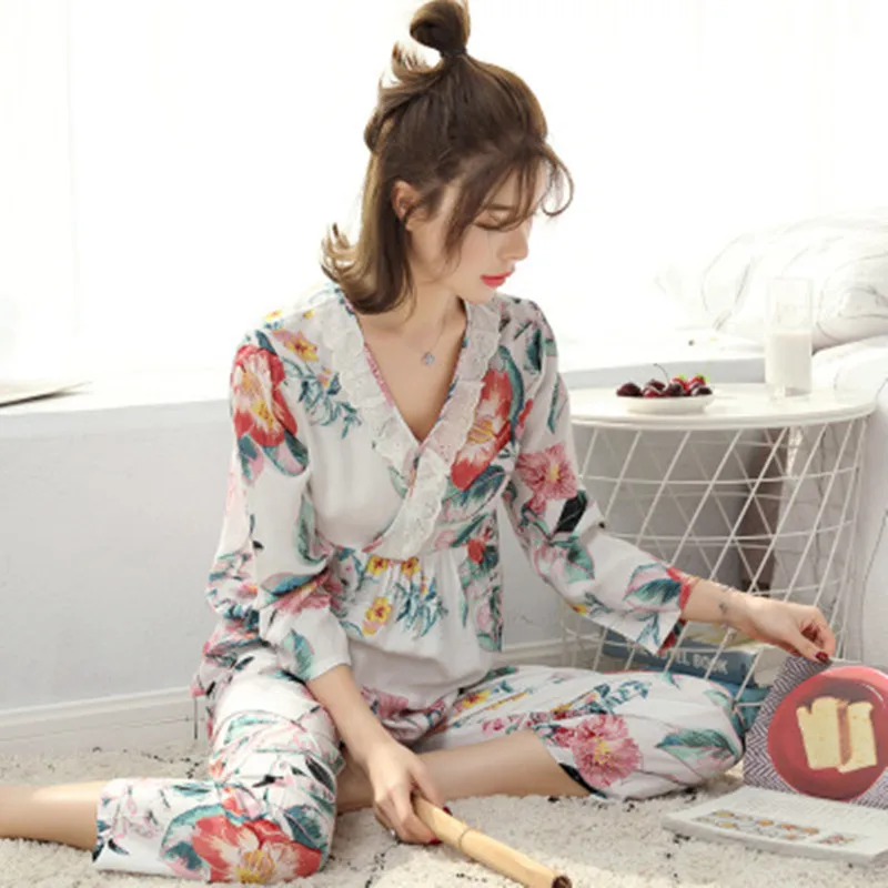 Lace Pajamas Set Casual Sleepwear For Women  Elastic Long Shirt Pants Flower Pyjama Women's 100% Cotton Summer Fashion Home Set