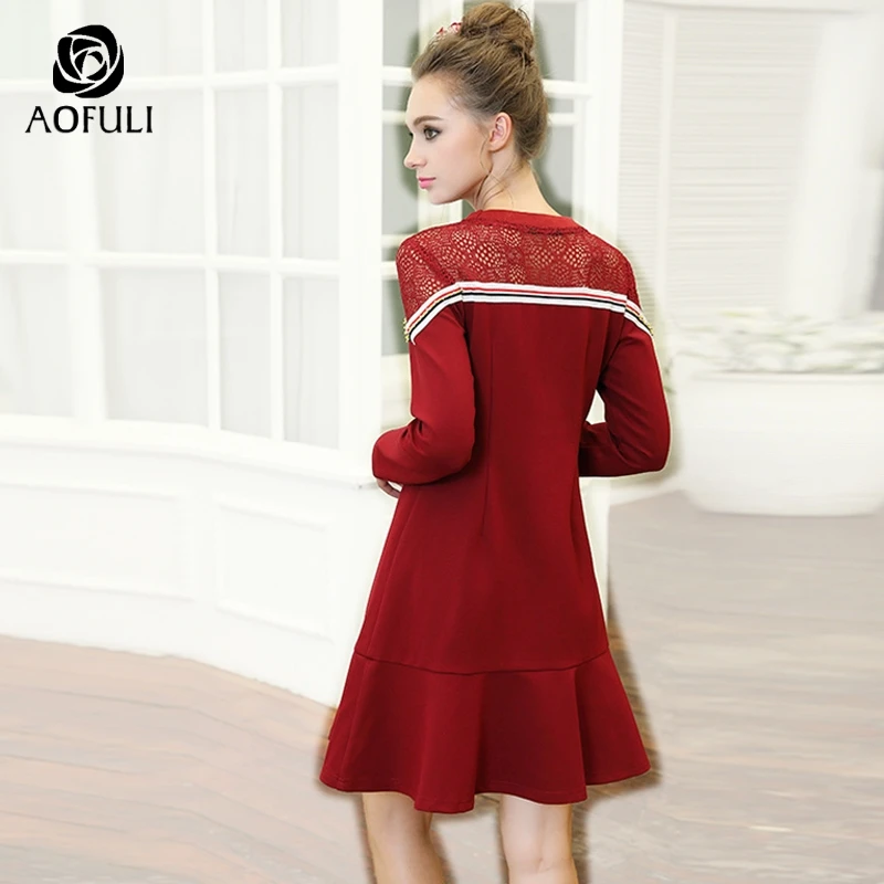 Платье AOFULI M 4XL 5XL женское ажурное на шнурках с рюшами модное Осеннее зимнее