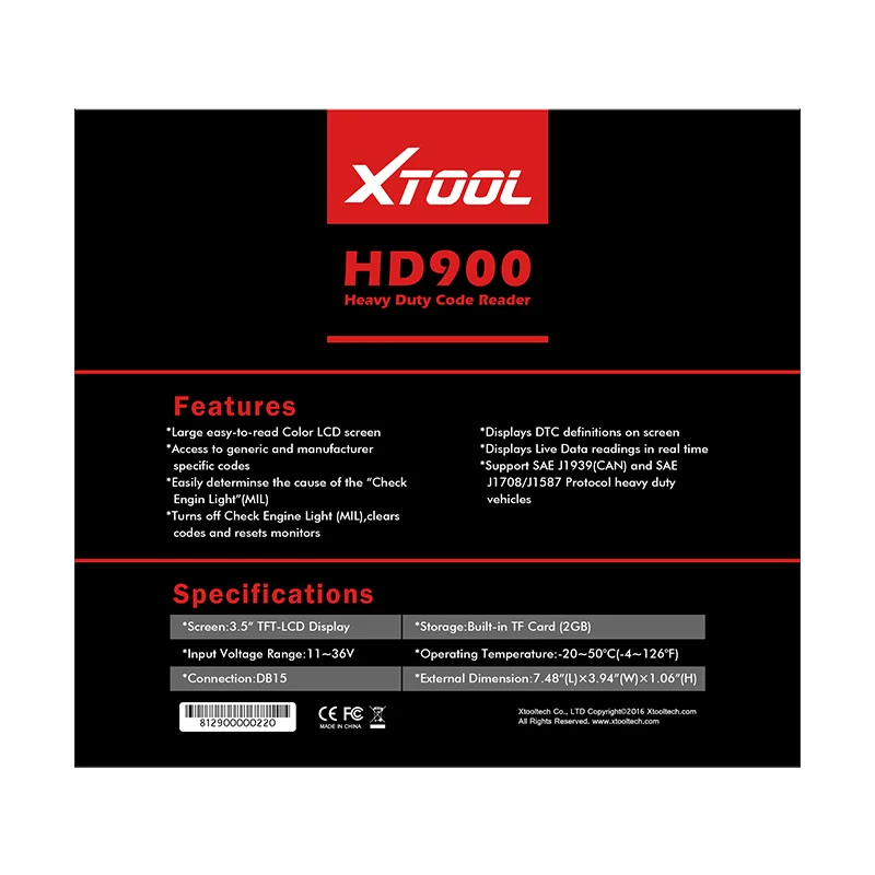 Новое поступление 2018 Оригинальный диагностический сканер Xtool HD900 Eobd2 OBD2 CAN BUS