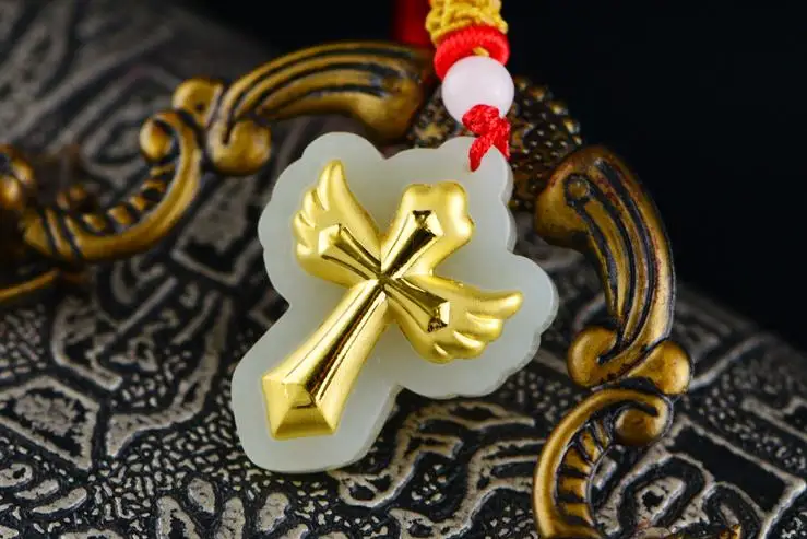3D gold inlaid natural hetian jade cross pendant H99# | Украшения и аксессуары