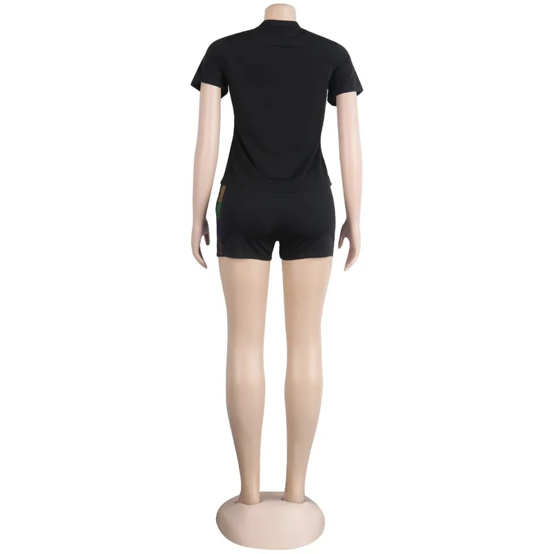 Rainbow Rhinestone Two Piece Summer Clothes for Women Short Sleeve T Shirt+ Bodycon Biker Shorts Plus Size Causal Matching Sets
