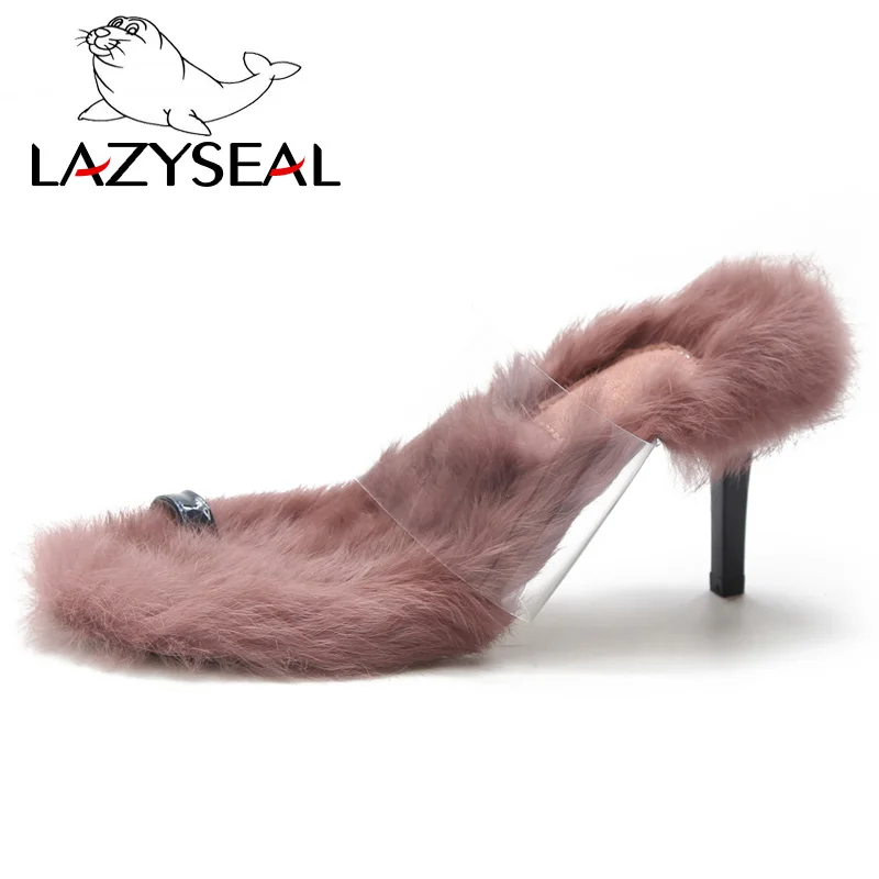 LazySeal меховые шлепанцы на высоком каблуке; женские летние меховые Вьетнамки; прозрачные женские шлепанцы; пляжные шлепанцы с открытым носком - Цвет: Pink
