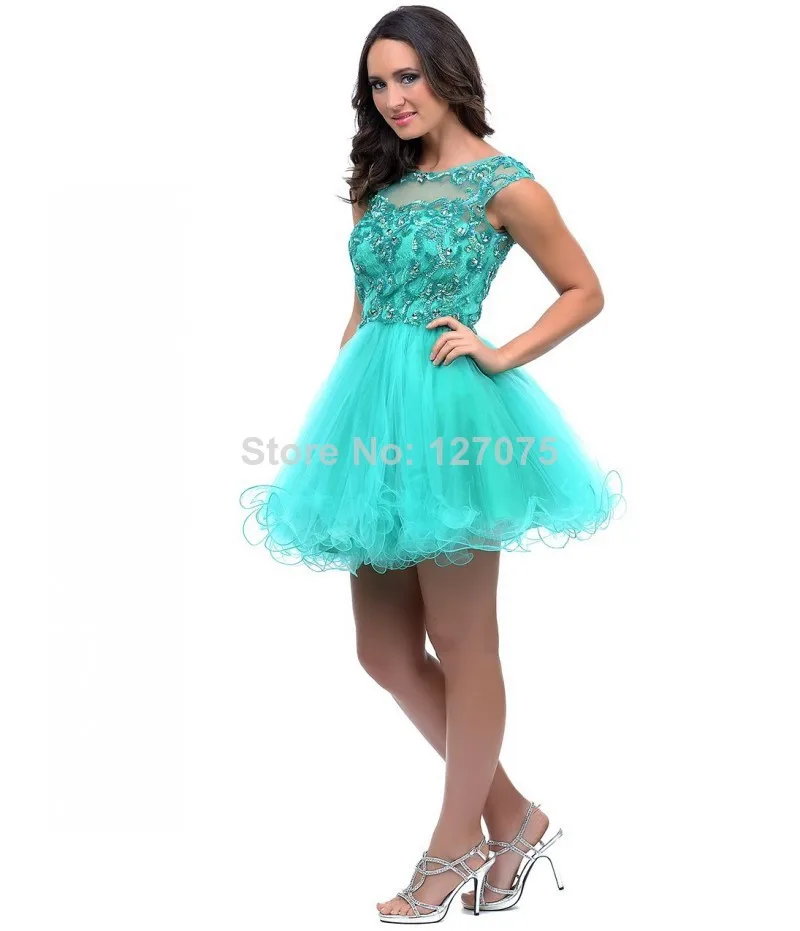 New Arrival ! Free Shipping 2014 Hunter Unique Scoop Sequin Beads Lace Tulle Ball Gown Above Knee Homecoming Dress |