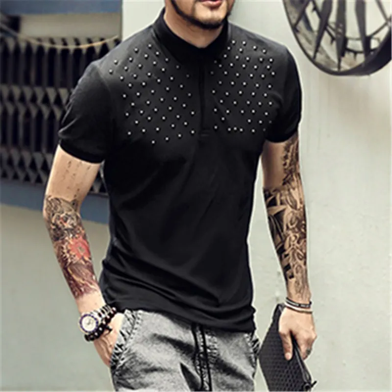 Летний Новый черный с заклепками декоративный дизайн Для мужчин Slim fit поло