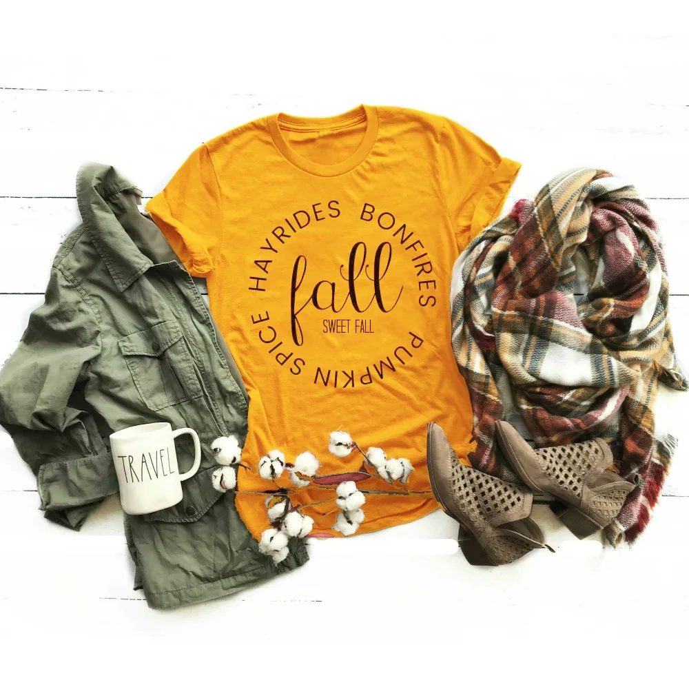

Fall Sweet hayrides bonfires Tee pumpkin spice halloween thanksgiving 90s party street style women fashion slogan t-shirt tops