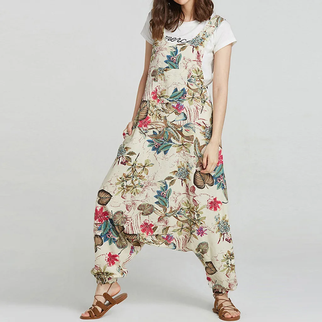 JAYCOSIN Girls Loose Solid Jumpsuit Strap Dungaree Harem Trousers Ladies Overall Pants Printing Art Loose Pants Street Elastic