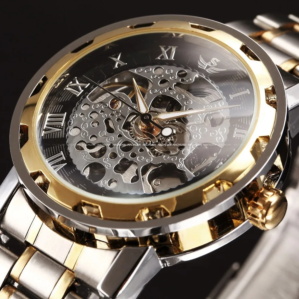SEWOR Men Gold Black Skeleton Dial Clock Stainless Steel Strap Montre Homme Casual Mechanical Watch Mens Military Wristwatches | Наручные