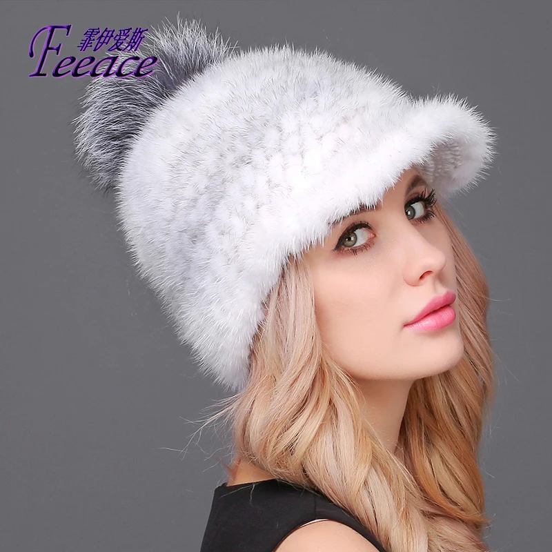 FEEACE Visors теплая зимняя шапка Серебряная лиса фу Норковая кепка норковая модные