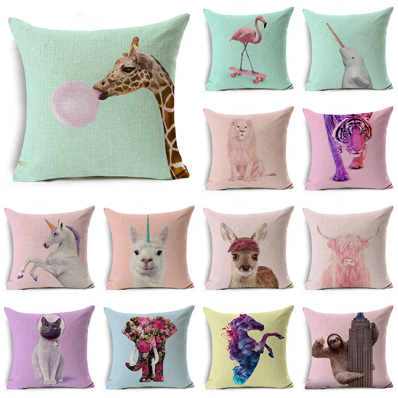 

WZH Fuuny&Cute Animals Cushion Cover 45x45cm Linen Decorative Pillow Cover Sofa Bed Pillow Case