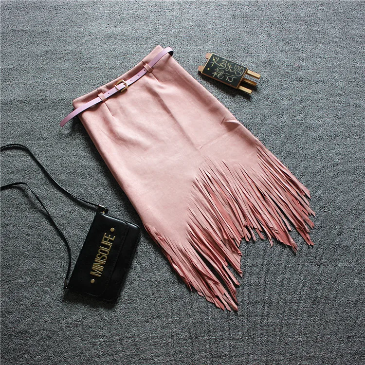 Зимняя женская юбка из искусственной кожи с бахромой сексуальная замшевая