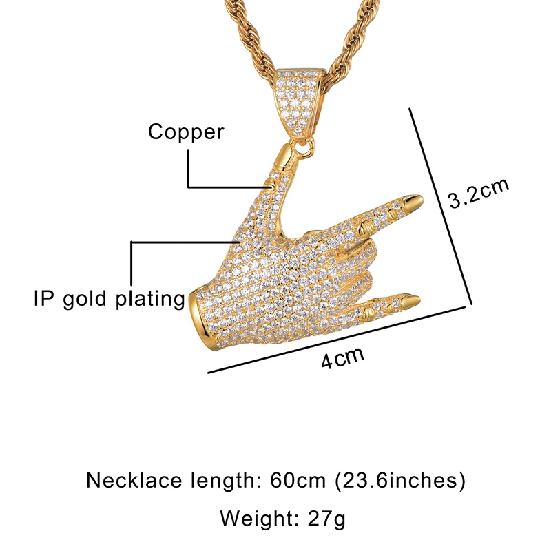 Хип хоп Iced Out Bling Cubic Zircon CZ Gesture ручное ожерелье и кулон для женщин мужчин ювелирные