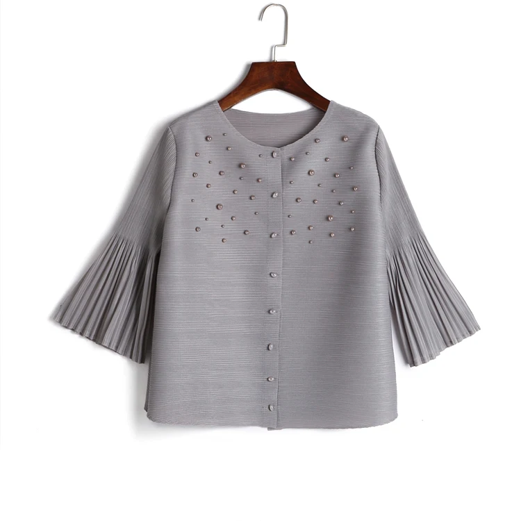 Changpleat, дизайнерское Женское пальто с бусинами, плиссированное,, летнее, свободное, тонкое, одноцветное, с рукавом 3/4, короткая женская куртка размера плюс, верхняя одежда